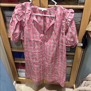 Olivaceous Pink and White Puff Sleeve Mini Dress